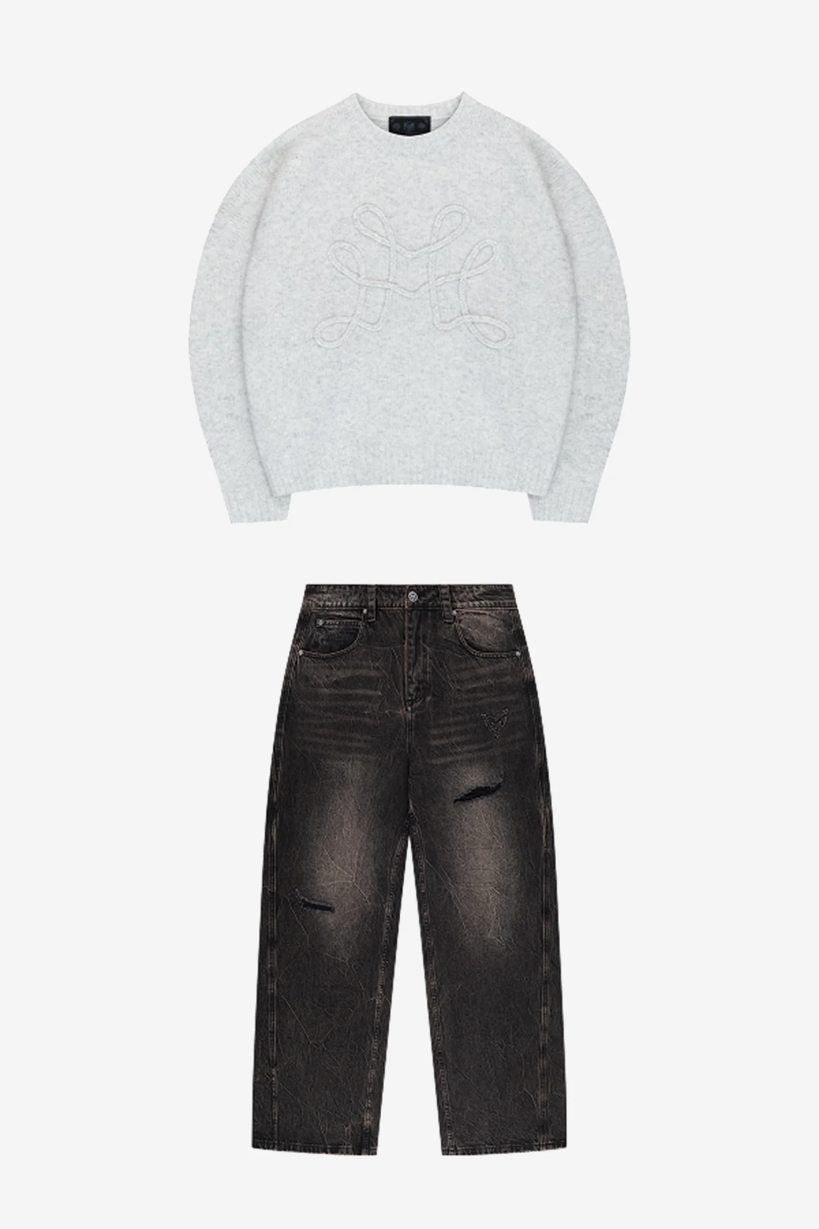 DA BIG M KNIT SWEATER GREY + RIPPED DISTINCTIVE BAGGY DENIM BLACK