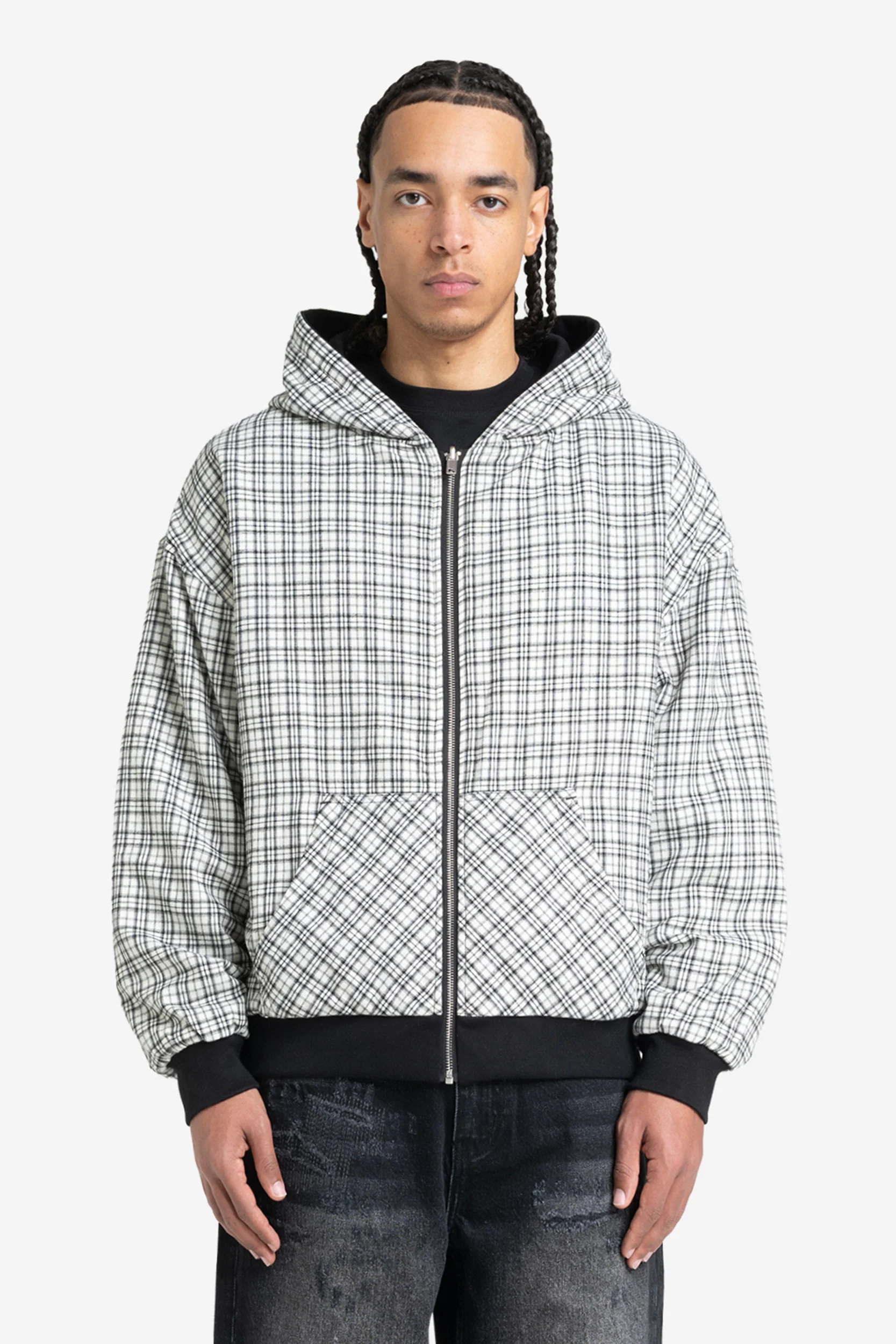 REVERSIBLE PLAID ZIP HOODIE BLACK - Image 4