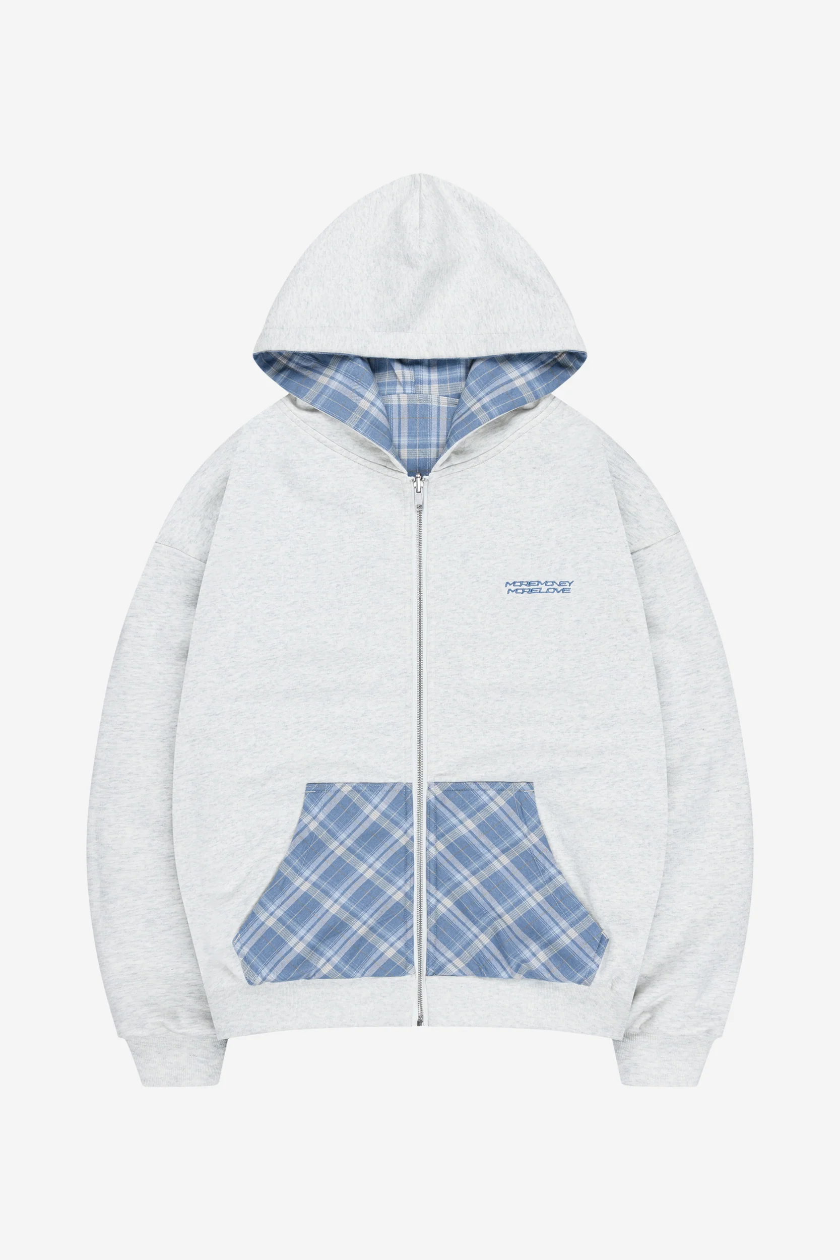 REVERSIBLE PLAID ZIP HOODIE GREY MELANGE + UTILITY DENIM VINTAGE BLUE - Image 2