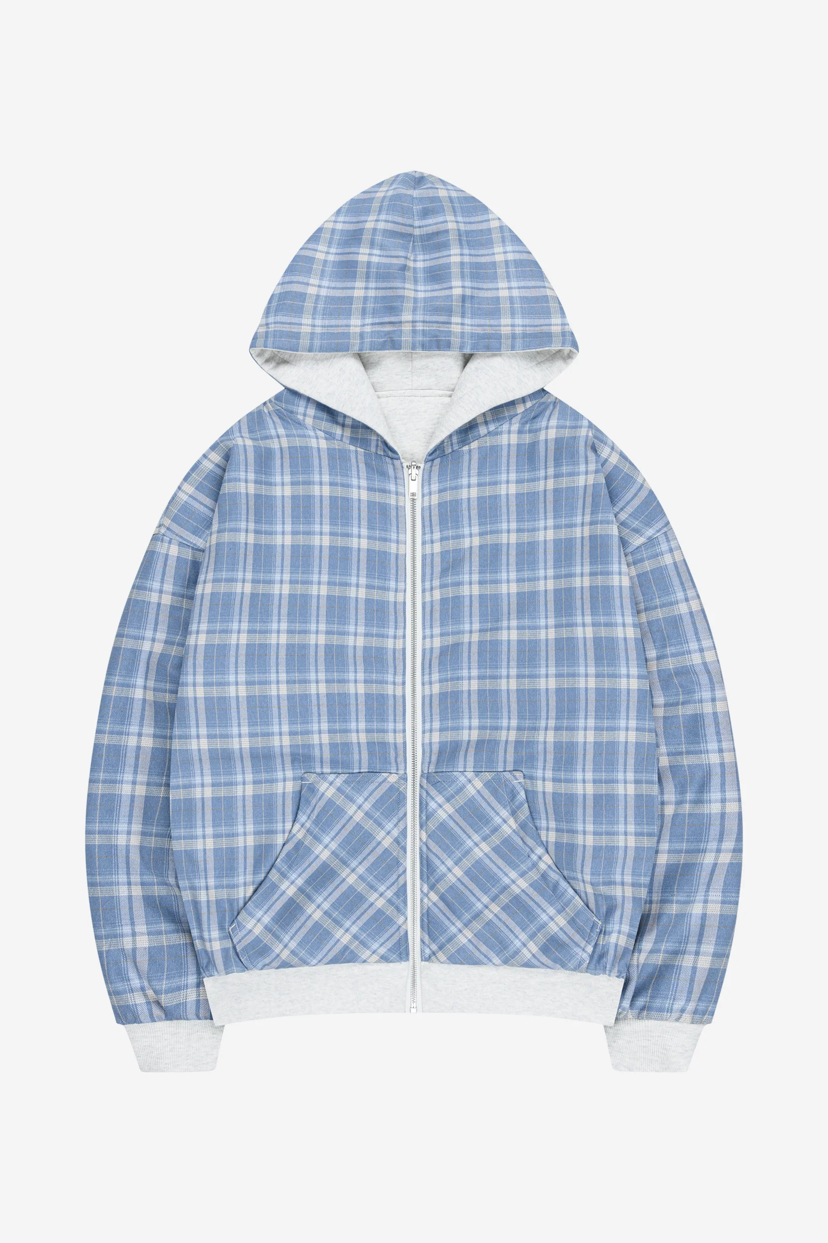 REVERSIBLE PLAID ZIP HOODIE GREY MELANGE + UTILITY DENIM VINTAGE BLUE - Image 3